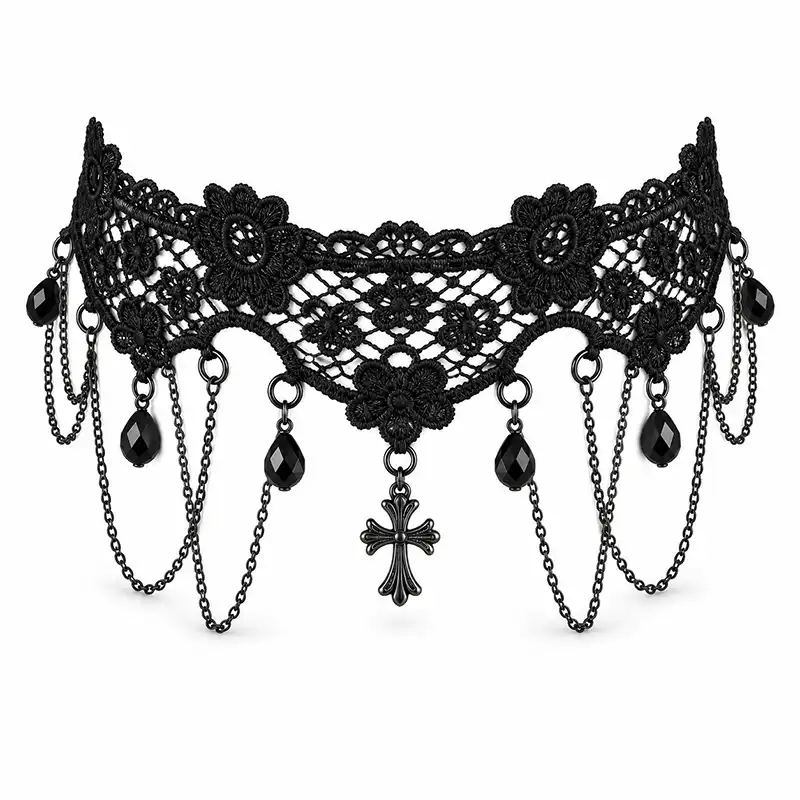 gothic-black-lace-choker-cross-necklace چوکر مشکی توری گوتیک زنانه با آویز صلیب، مهره مشکی و زنجیر آویزدار