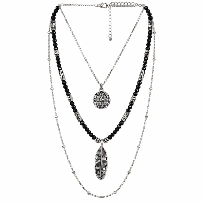 black-layered-feather-necklace گردنبند مشکی و نقرهای طرح پر
