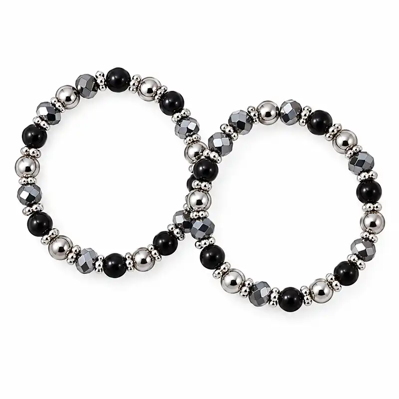 black-silver-beaded-women-bracelet-set دستبند مهرهای و کریستال مشکی و نقرهای