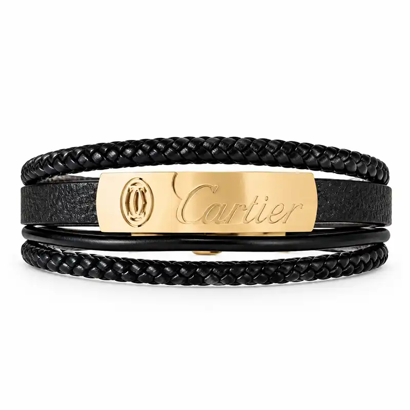mens-four-layer-black-leather-cartier-style-bracelet دستبند مردانه چرمی طرح Cartier با پلاک استیل