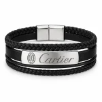 دستبند مردانه چرمی طرح Cartier با پلاک استیل