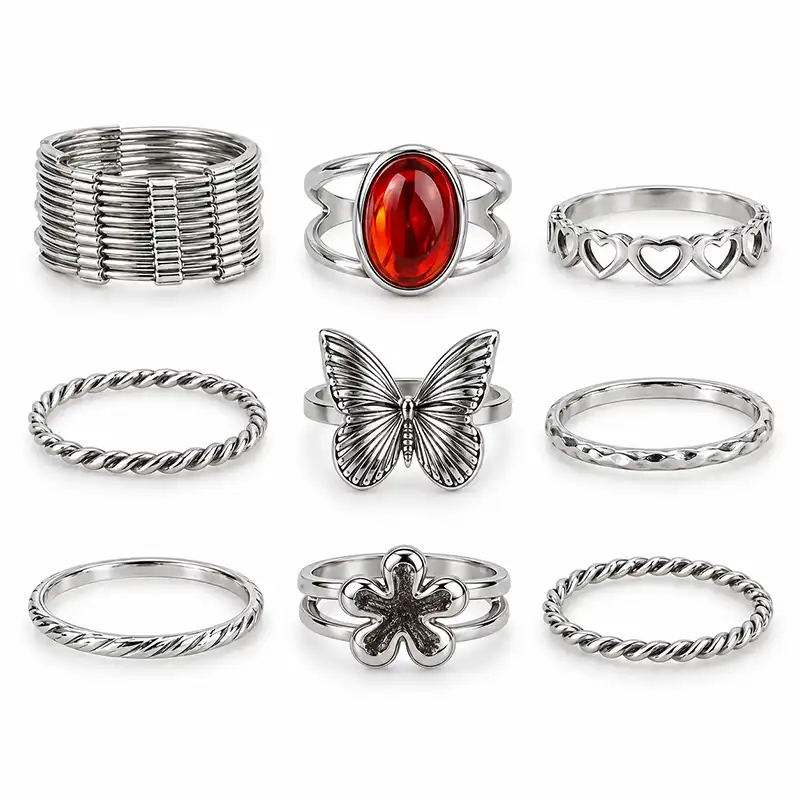 women-multi-ring-set-silver-butterfly-red-stone پک انگشترمدل پروانه و نگین قرمز