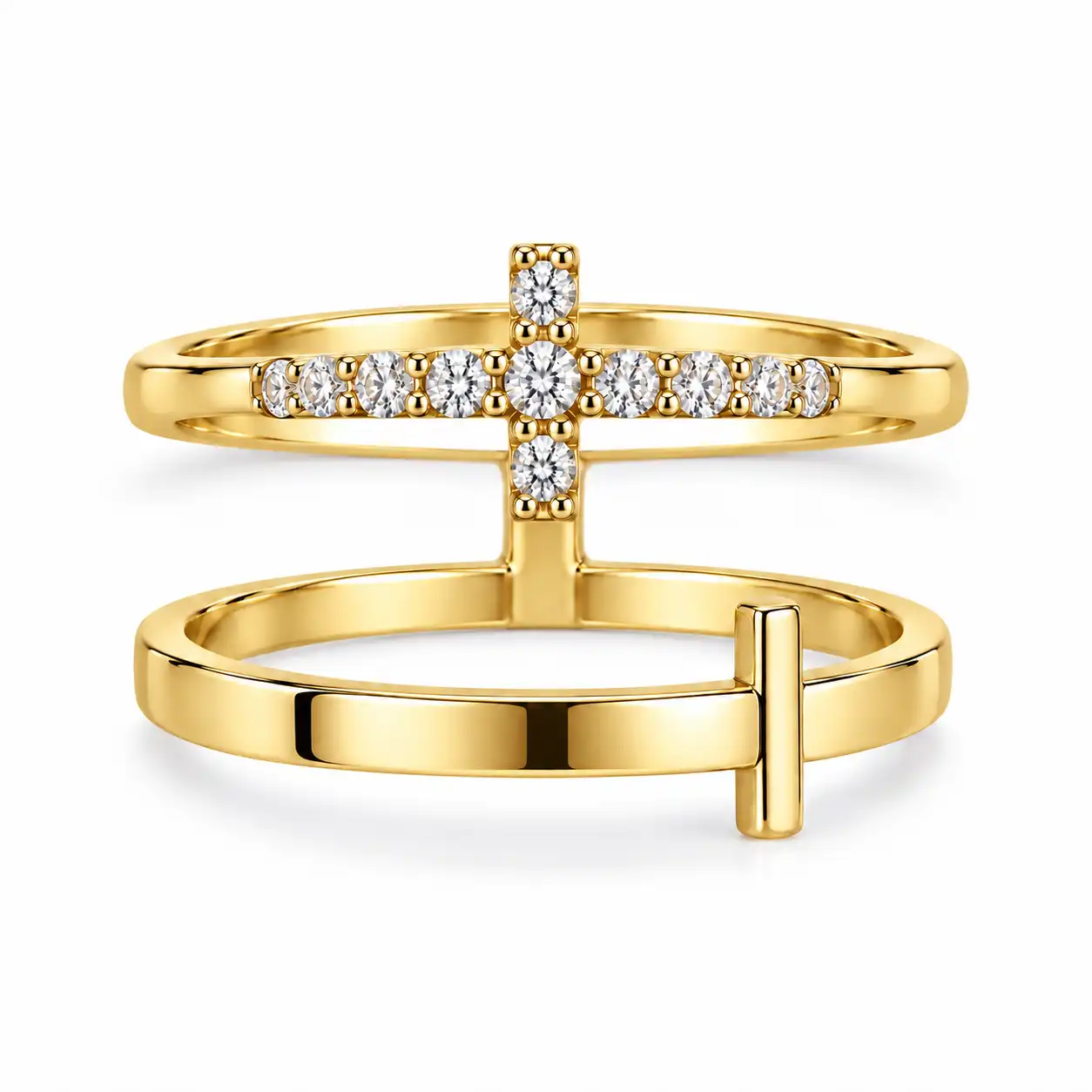 silver-double-band-cross-ring-with-stones انگشتر دو حلقهای طرح کراس