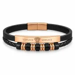 دستبند مردانه چرمی طرح Versace با پلاک رزگلد
