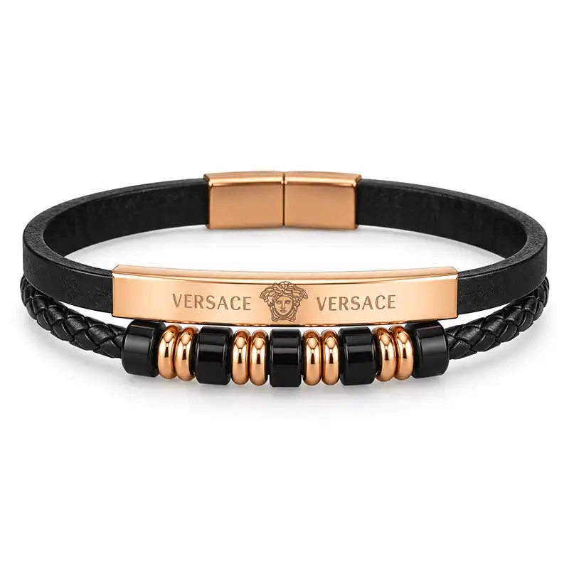 mens-black-leather-versace-style-bracelet-rose-gold دستبند مردانه چرمی طرح Versace با پلاک رزگلد