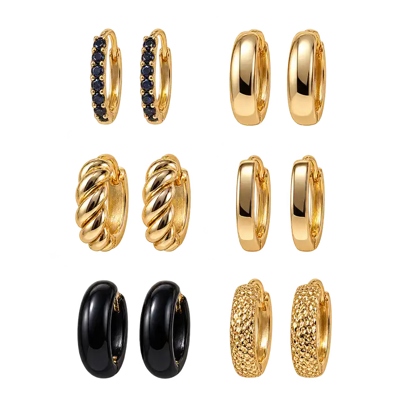 women-6-pairs-gold-black-hoop-earrings-set پک گوشواره حلقهای