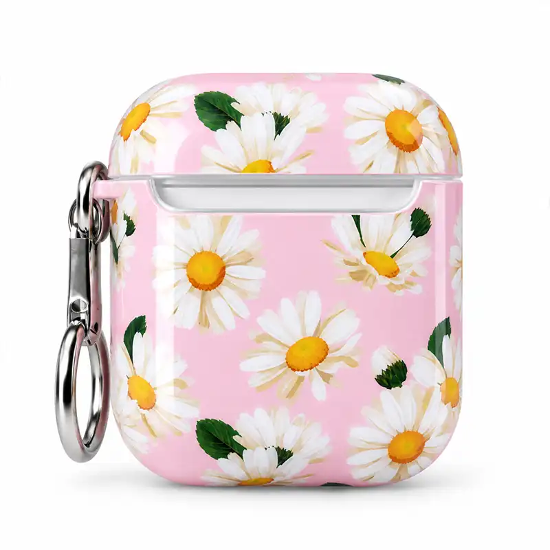 pink-daisy-airpods-case-with-metal-clip کیس ایرپاد صورتی طرح گل بابونه با آویز فلزی